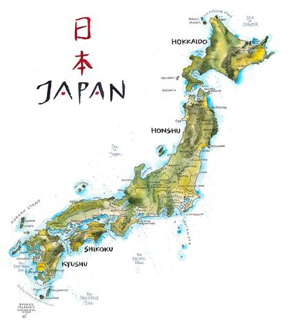 Mapa Japonii z podziałem na cztery części